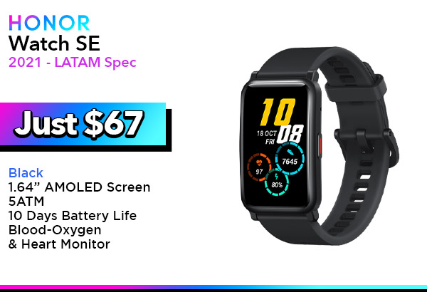 Honor Watch ES 2021 - Black -1.64” AMOLED Screen -5ATM -10 Days Batt Life -Blood-Oxygen & Heart Monitor -Latam Specs BOM: 55026828 6973316852844 $ 67.00