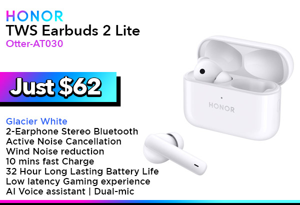 Honor TWS Earbuds 2 Lite - (Otter-AT030) Bluetooth Headset 2- Earphone Stereo Bluetooth, Dual-mic, *Active Noise Cancellation*, Wind Noise reduction, 10 mins fast Charge, 32 Hour Long Lasting Battery Life, Low latency Gaming experience, AI Voice assistant - Glacier White $62.00