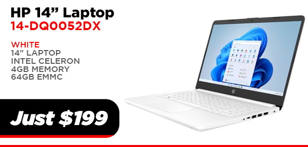 HP 14-DQ0052DX 14", 4GB,64GB, INTEL WHITE $199.00