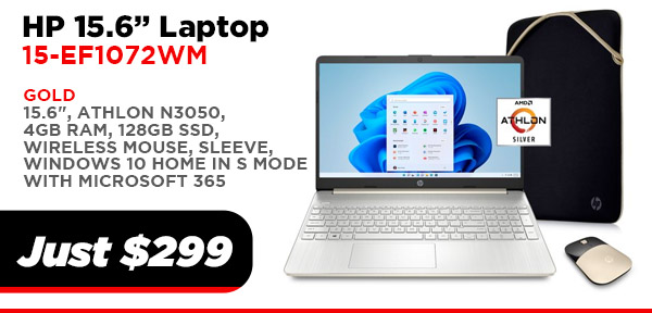 HP 15-EF1072WM BUNDLE 15.6" 4GB/128GB Gold $299.00