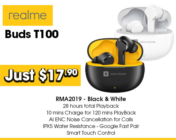 Realme Buds T100 RMA2109 TechLife - Black and White- 28 hours total Playback- 10 mins Charge for 120 mins PlayBack- AI ENC Noise Cancellation for Calls- IPX5 Water Resistance- Google Fast Pair- Smart Touch Controls6941399097308$ 17.90