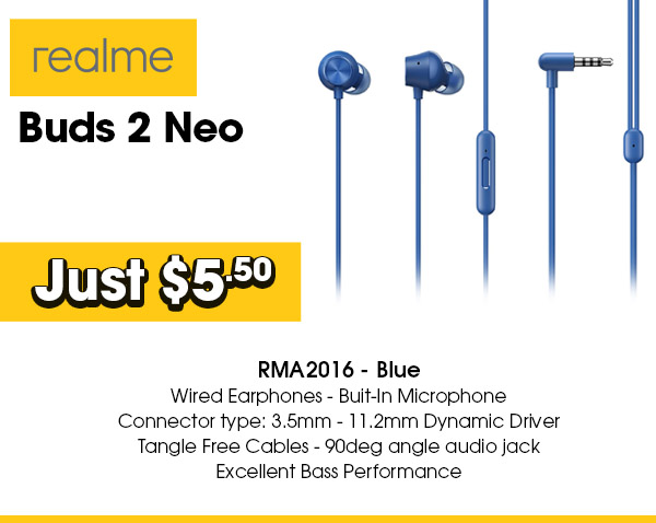 RealMe Buds 2 NEO - Wired Earphones - Blue - Buit-In Microphone - Connector type: 3.5mm - 11.2mm Dynamic Driver - Tangle Free Cables - 90deg angle audio jack - Excellent Bass Performance 6941399047129 $ 5.50